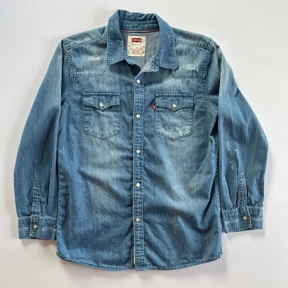 Levi's Barstow Western Pearl Snap Distressed Button Down, Girls Size Large 12-13